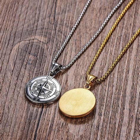 Mens Compass Necklace 14k Gold Plated Compass Pendant Etsy
