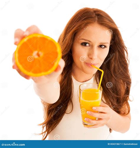 Woman Drinking Orange Juice Smiling Showing Oranges Young Beaut Stock