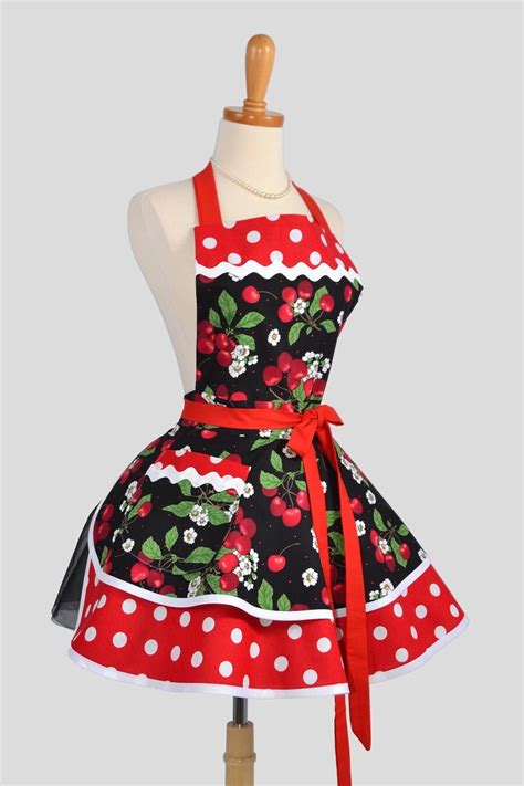 ruffled retro apron sexy womens apron in pinup cherries and