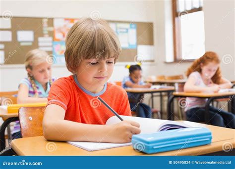 Cute Pupils Writing At Desk In Classroom Stock Photo Image 50495824