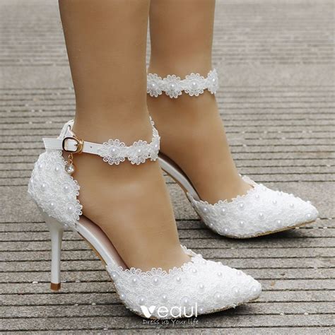 Charming Ivory Wedding Shoes 2018 Lace Rhinestone Pearl Ankle Strap 9 Cm Stiletto Heels Wedding