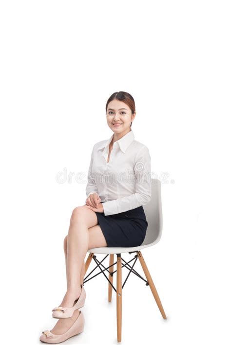 Full Length Portrait Of Beautiful Young Asian Business Woman Sit Stock