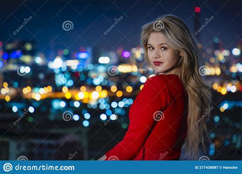 Portrait Of A Attractive Blonde Woman In Red Dress Stock Image Image