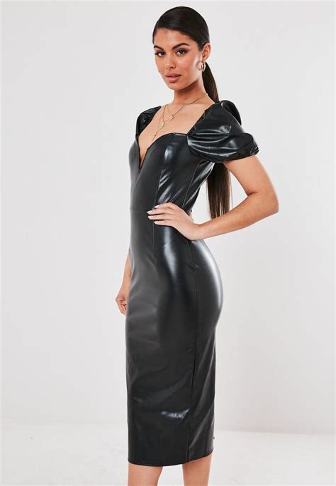 Black Faux Leather Sweetheart Midi Dress Missguided Women Dress