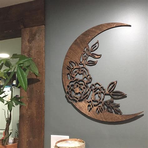 Large Floral Crescent Moon Wood Wall Decor Moon Flowers Etsy