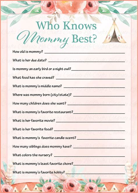 Who Knows Mommy Best Game Printable Download Watercolor Boho Baby