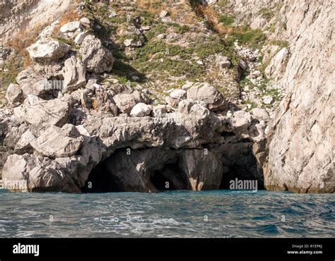 Caves In The Cliffs On The Island Of Capri In The Bay Of Naples Italy