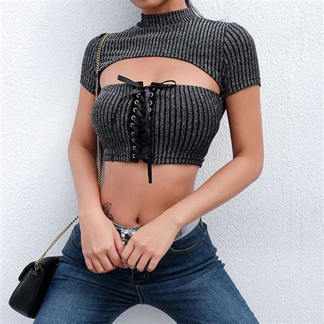 Clubwear Sexy Fashion Slim Fit Midriff Baring Short Sleeve Cross Straps Hollowed Out Summer