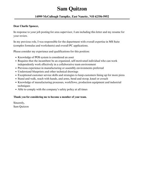 Area Supervisor Cover Letter Velvet Jobs