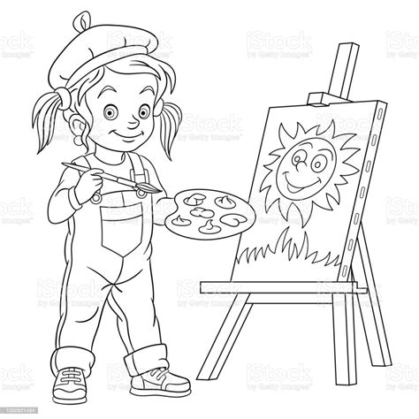 Coloring Page Of Cartoon Girl Drawing Sun Stock Illustration Download