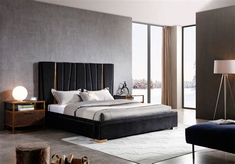 Want to give your space a modern feel? Modrest Evonda Modern Black Velvet & Brass Bed - Beds ...
