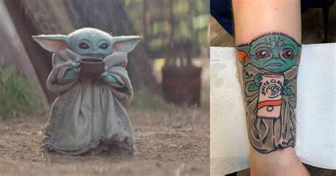 A Man Got A Tattoo Of A Baby Yoda Drinking An Alcoholic Beverage On His