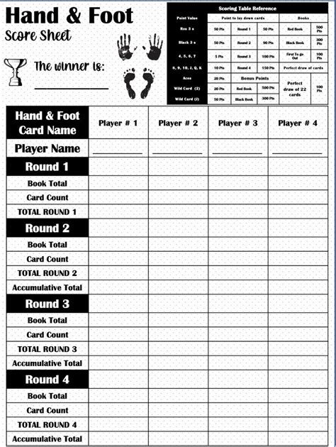 Hand And Foot Score Card Hand And Foot Scoresheet Hand And Foot Score