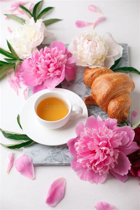 Beautiful Still Life With Tea Cup And Peoniestop View Summer French Breakfast Of Bloger