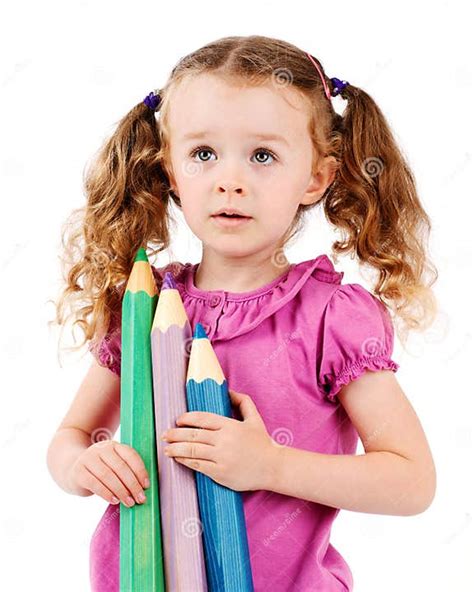 Preschool Girl Holding Big Crayons Stock Photo Image Of Education
