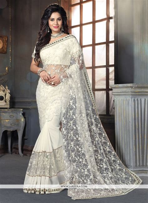 Off White Net Designer Traditional Sarees Lace Saree Wedding Saree