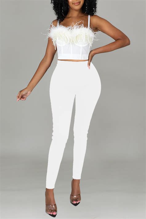 White Sexy Solid Tassel Spaghetti Strap Sleeveless Two Piecestwo Piece Pants Set