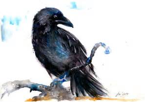 Crow Resting Bird Art Watercolor Painting By Tiberiu Soos