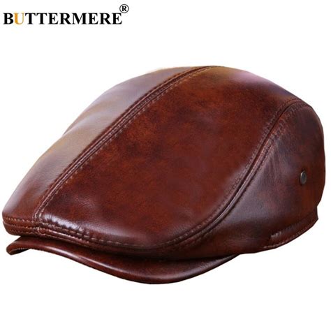 Buttermere Real Leather Men Flat Cap Brown Male Beret Hat Earflaps Mens