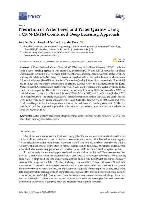 Pdf Prediction Of Water Level And Water Quality Using A Cnn Lstm Combined Deep Learning Approach