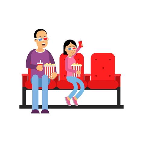 Padre Con Su Hija Sentada En El Cine Con Palomitas De Maíz Y Viendo Vector De Película 3d