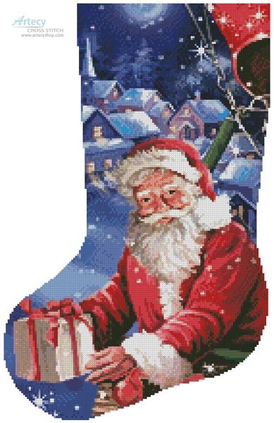 artecy cross stitch santa in a hot air balloon stocking left cross stitch pattern to print
