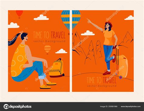 Bright Travel Illustration Women Traveler Backpack Watching Hot Air Balloons Stock Vector By