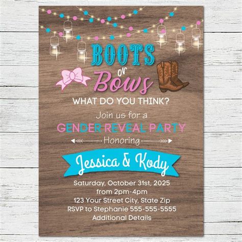 Boots Or Bows Gender Reveal Party Invitation Physical Print Etsy