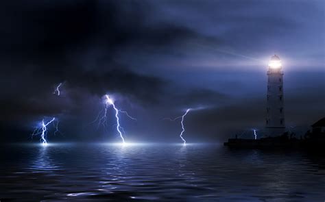 Lighthouse In A Storm Thunderstorm Over The Sea Lightning Beats The
