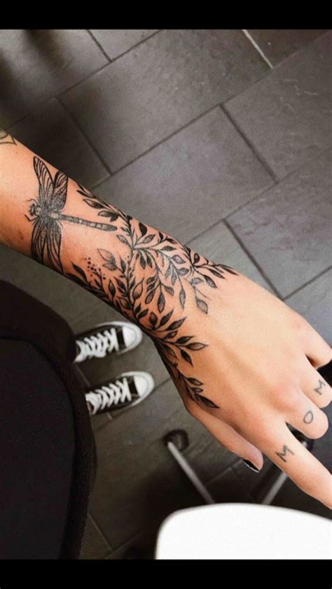 Wrap Around Leaves Wrist Tattoo And Dragonfly With Images