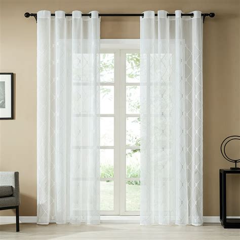 Topfinel White Sheer Curtains 96 Inches Long Embroidered Diamond Grommet Window Curtains For