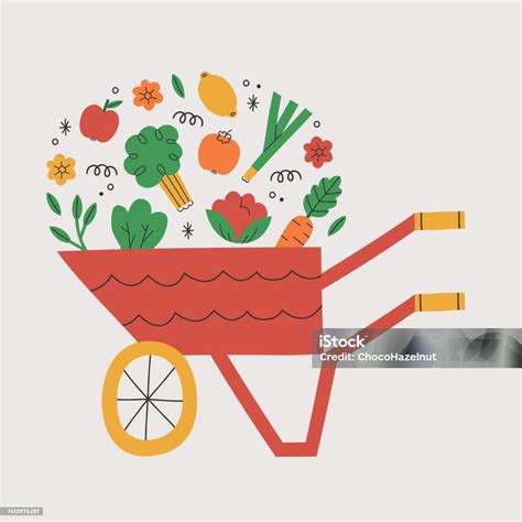 Fruits And Vegetables In Wheelbarrows Cute Hand Drawn Poster