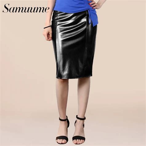 Samuume Elegant Faux Leather Skirt New Office High Waist Back Split Wrap Bodycon Skirt Women