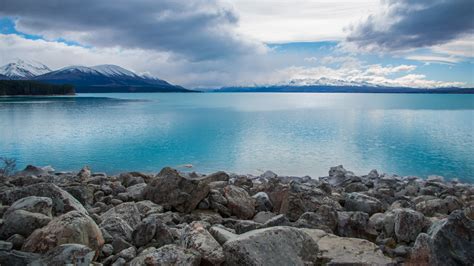 Wallpaper Lake Pukaki New Zealand Stones Clouds