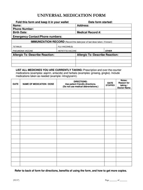 Printable Universal Medication Form Printable Forms Free Online