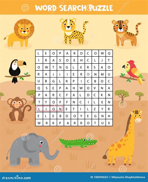 Words Search Puzzle For Children Set Of Safari Animals Stock Vector