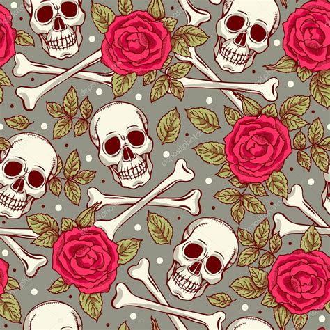 Seamless Pattern With Skulls And Roses — Stock Vector © Xeniaok 134952802