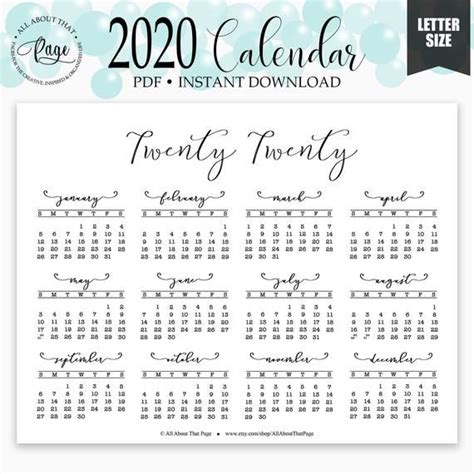 Printable Calendar 2020 Year At A Glance