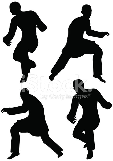 Karate Martial Art Silhouettes Of Men In Prowl Poses Stock Photo