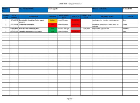 Project Action Tracker Template