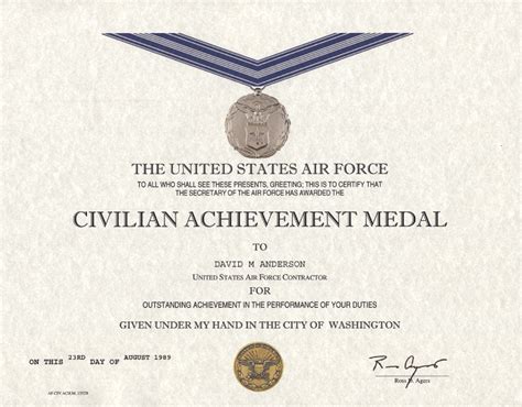 Air Force Civilian Achievement Medal Certificate