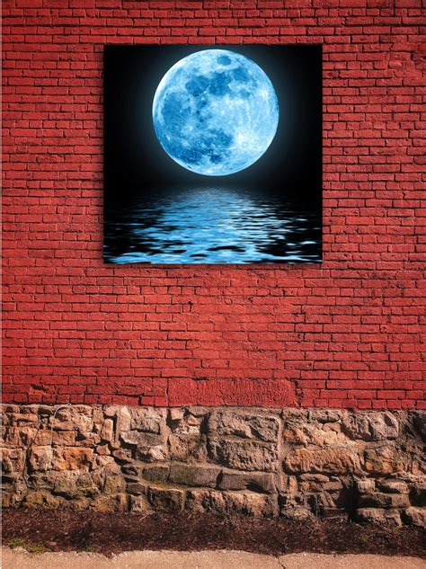 Full Blue Moon Over Water With Reflections Painting On Etsy