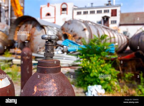 Used old and rusty welding gas tank, for cutting scrap metal with