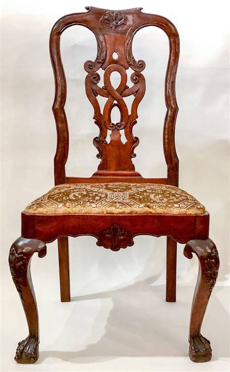Rare 19th century hand carved mahogany hawk claw & ball feet library study sofa. Pair of Antique 18th Century Queen Anne Mahogany Side Chairs For Sale at 1stdibs