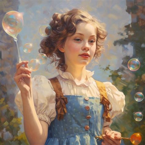 Premium Ai Image A Girl In A Blue Dress Is Holding Bubbles In Her Hand