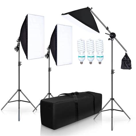 Photography Studio Softbox Lighting Kit With 3 X 5500k Bulbs Arm Holder