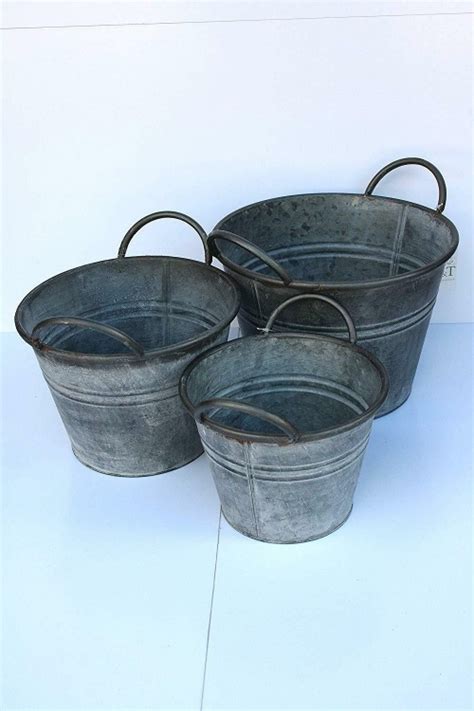 3x Round Vintage Zinc Galvanised Metal Garden Flower Planter Tub Pot