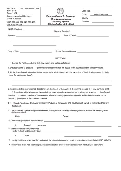 Fillable Form Aoc 830 2015 Petitionorder To Dispense With Administration Form Printable Pdf
