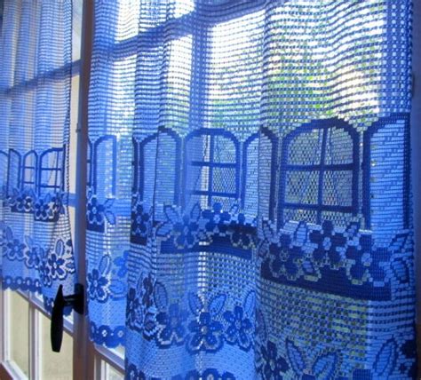 Blue Lace Curtains Pair French Window Curtains Blue Cafe