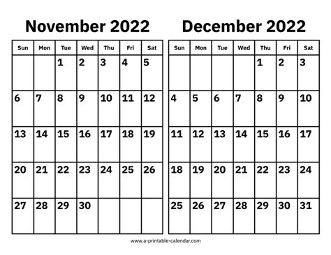 November And December 2022 Calendar A Printable Calendar